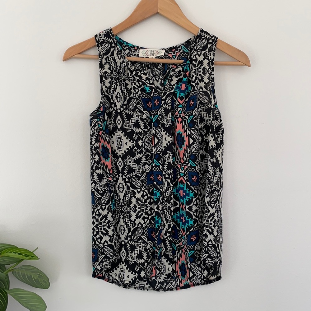 Closet closing 4/15, make offer! Pink Rose Tank Blouse Ikat Pattern XS